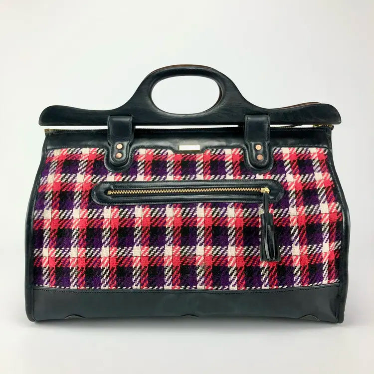 Red and blue plaid wool doctors style handbag. 