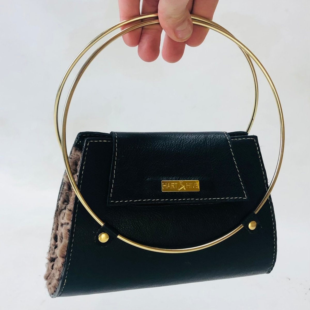 Black Leather Handbag with Persian Lamb Detail - Hart & Hive