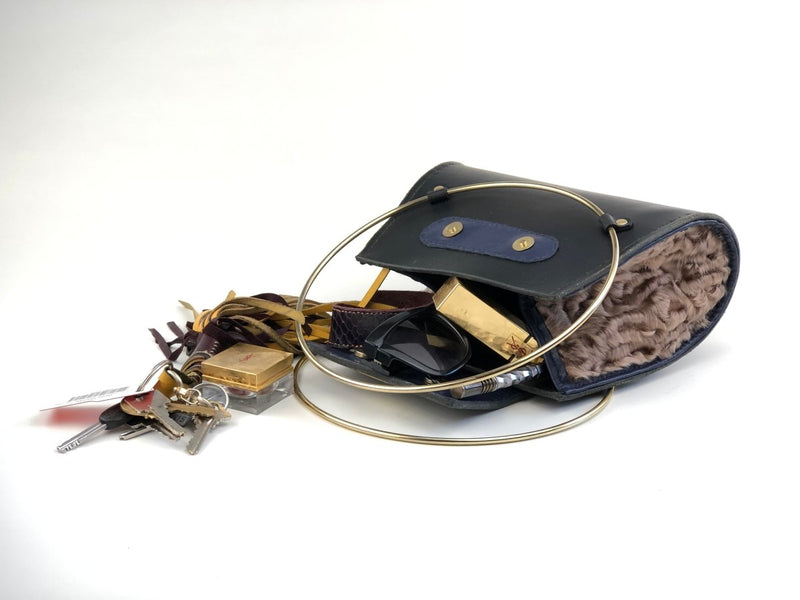 Black Leather Handbag with Persian Lamb Detail - Hart & Hive