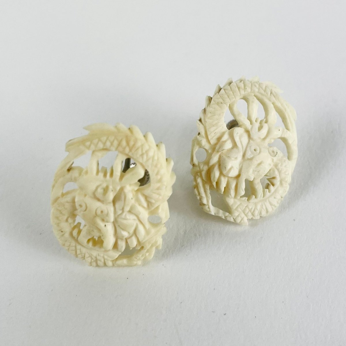 Antique Carved PreBan Ivory Peony  Sterling Dangle Earrings