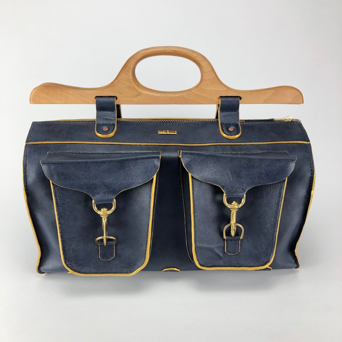 Navy Blue Leather Doctors Bag with Wooden Handle - Hart & Hive