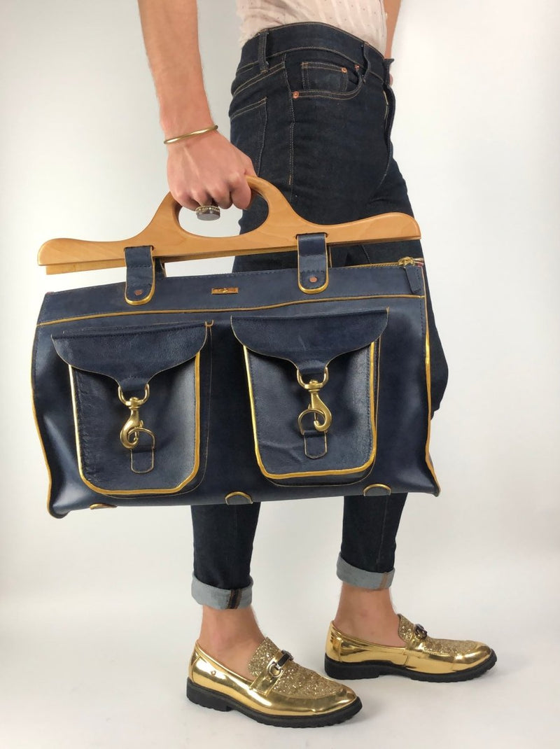 Navy Blue Leather Doctors Bag with Wooden Handle - Hart & Hive