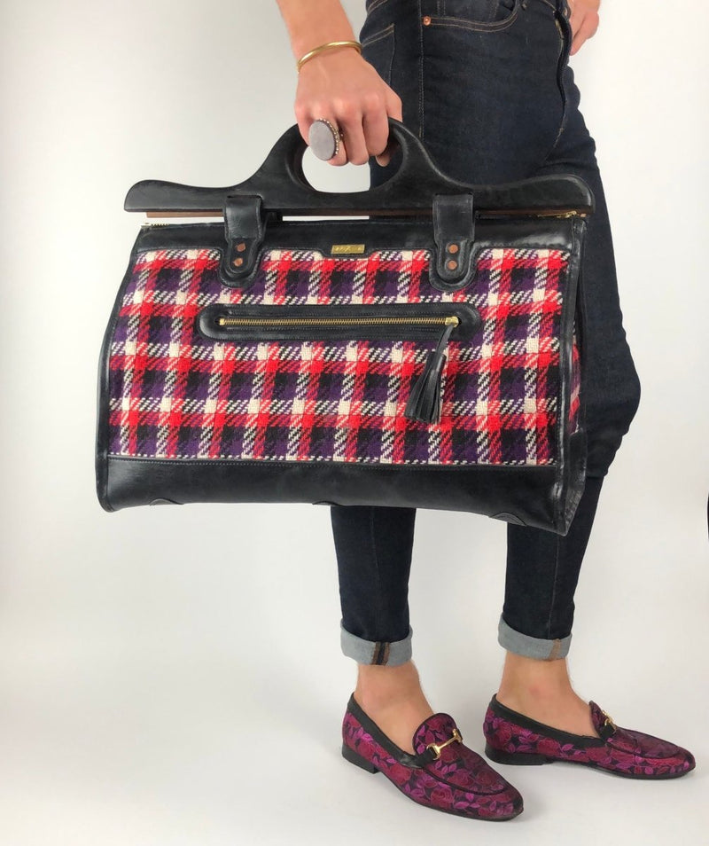 Wool Plaid & Leather Doctors Bag with Wooden Handle - Hart & Hive