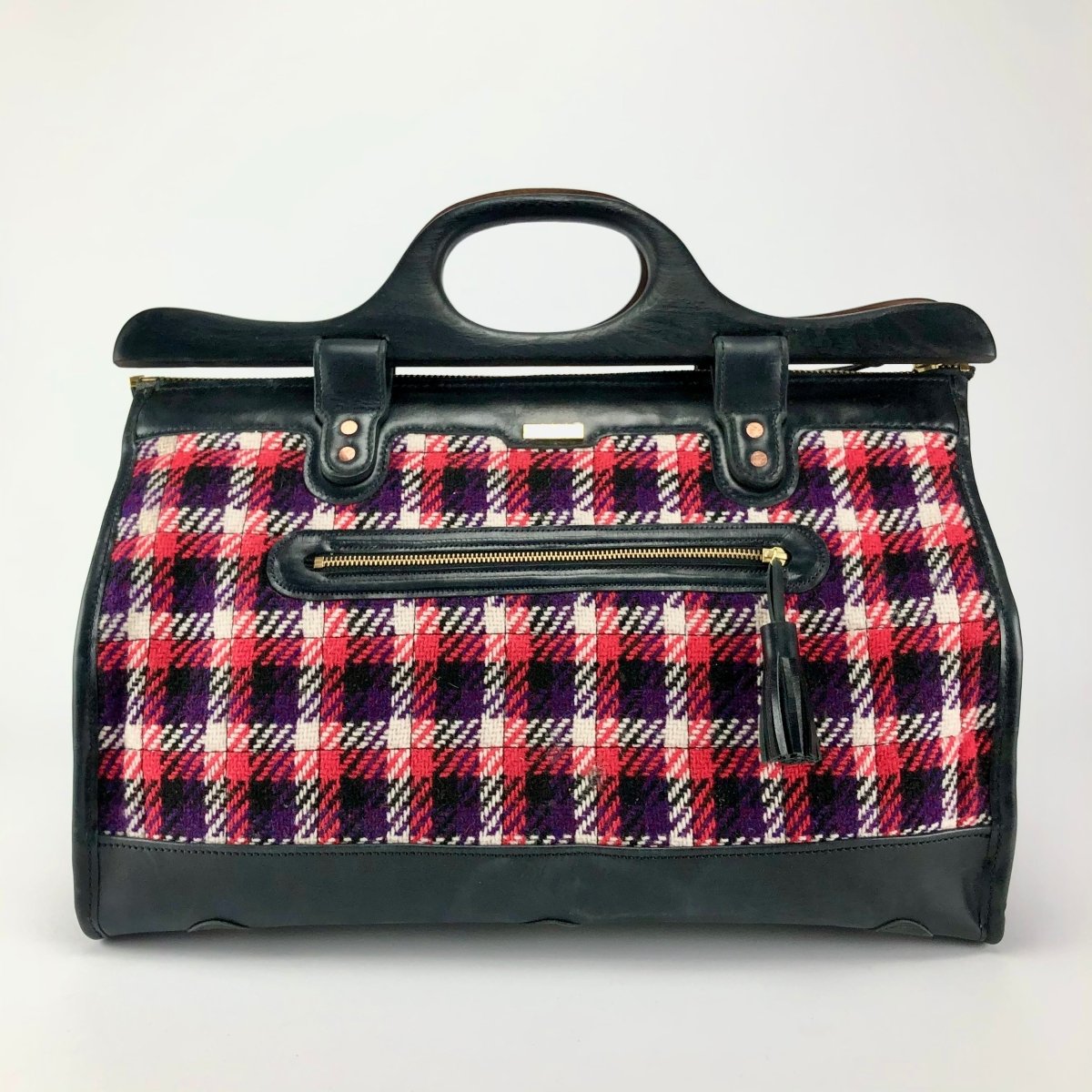 Wool Plaid & Leather Doctors Bag with Wooden Handle - Hart & Hive